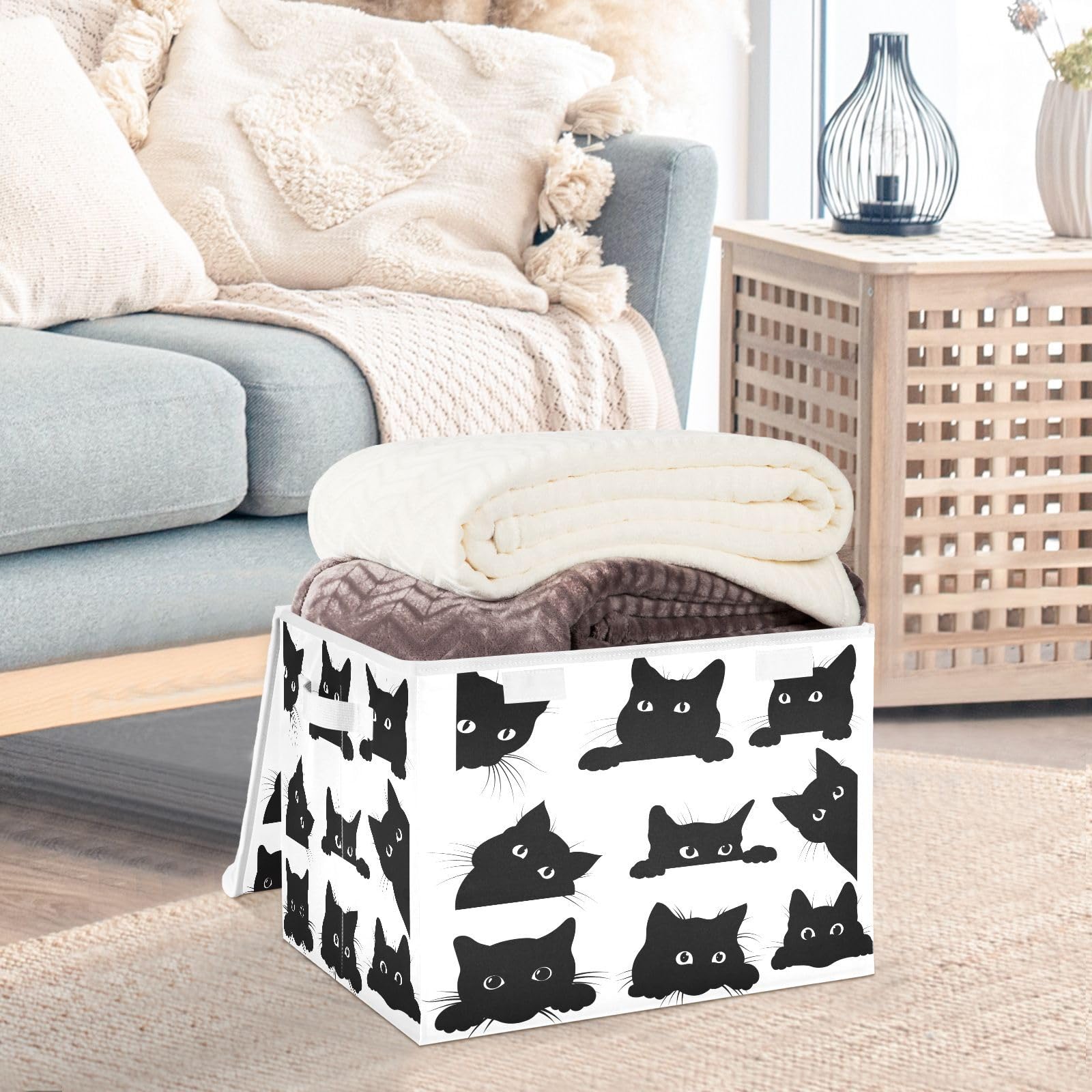 DIGTIA Storage Bins with Lids Black Cats Looking Foldable Storage Boxes with Handles Kitten Cute Large Storage Basket Collapsible Organizer Containers for Closet Home Bedroom Office