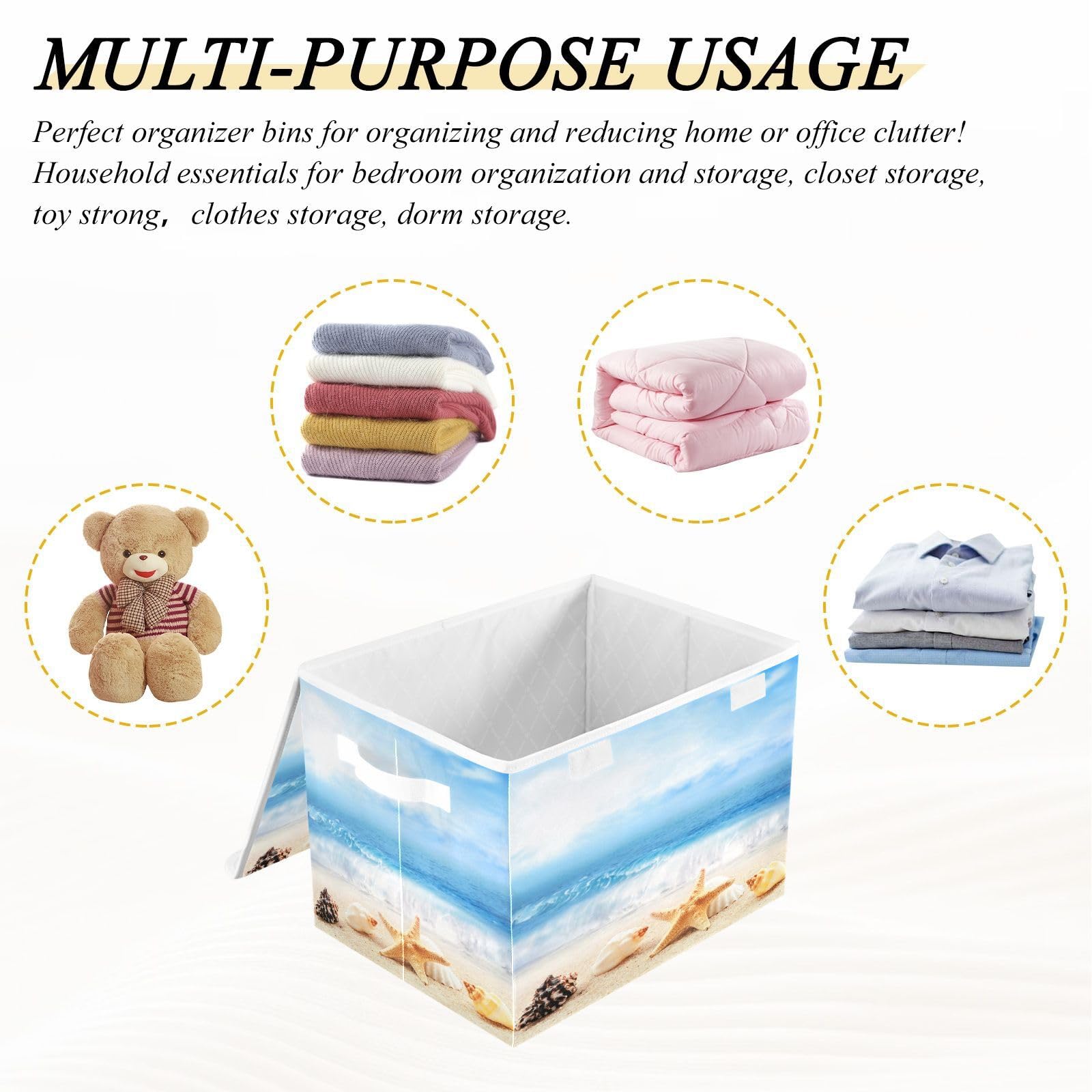 DIGTIA Storage Bins with Lids Beach Theme Seashell Foldable Storage Boxes with Handles Starfish Ocean Wave Large Storage Basket Collapsible Organizer Containers for Closet Home Bedroom Office