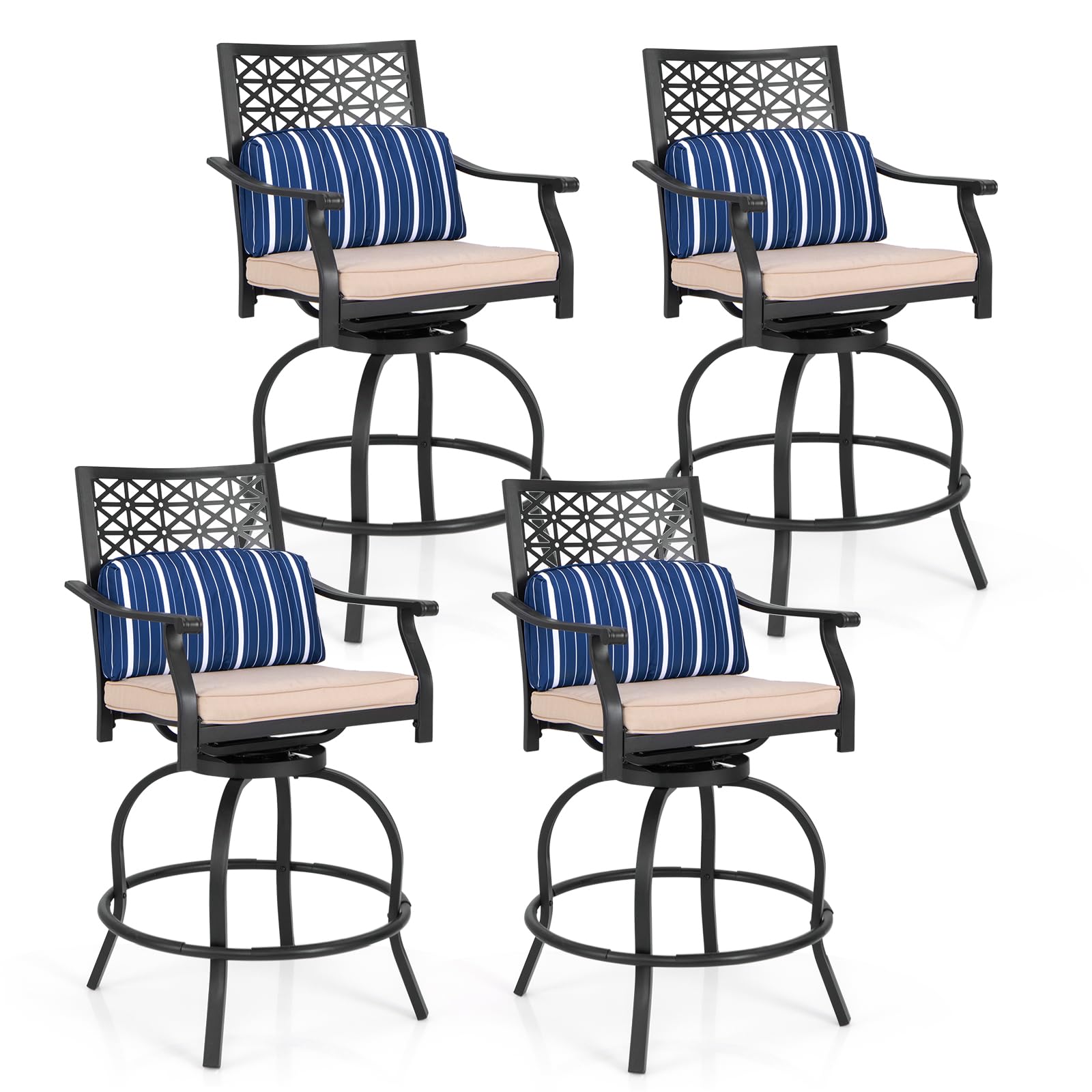 COSTWAY Outdoor Bar Chair Set of 4, 24.5 Inch Swivel Counter Height Bar Stools with Footrest, Seat Cushions & Lumbar Pillows, Metal Dining Bar Chairs for Patio, Backyard, Poolside (4)