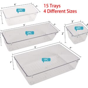 ATVAX 15 PCS Drawer Organizers with Non-Slip Silicone Pads Clear Plastic Drawer Organizers Set Clear Desk Drawer Organizer Trays Storage Bins