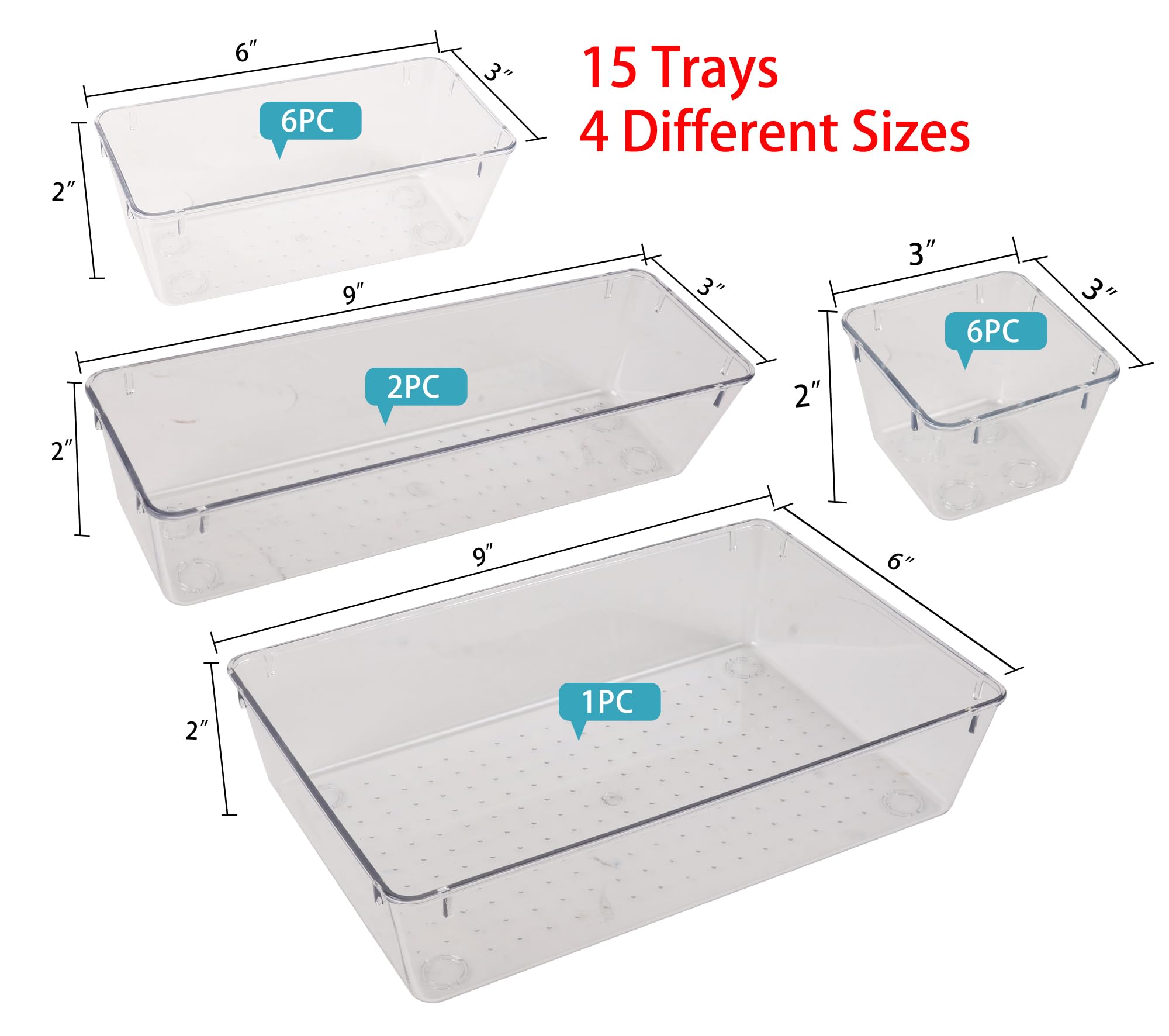 ATVAX 15 PCS Drawer Organizers with Non-Slip Silicone Pads Clear Plastic Drawer Organizers Set Clear Desk Drawer Organizer Trays Storage Bins