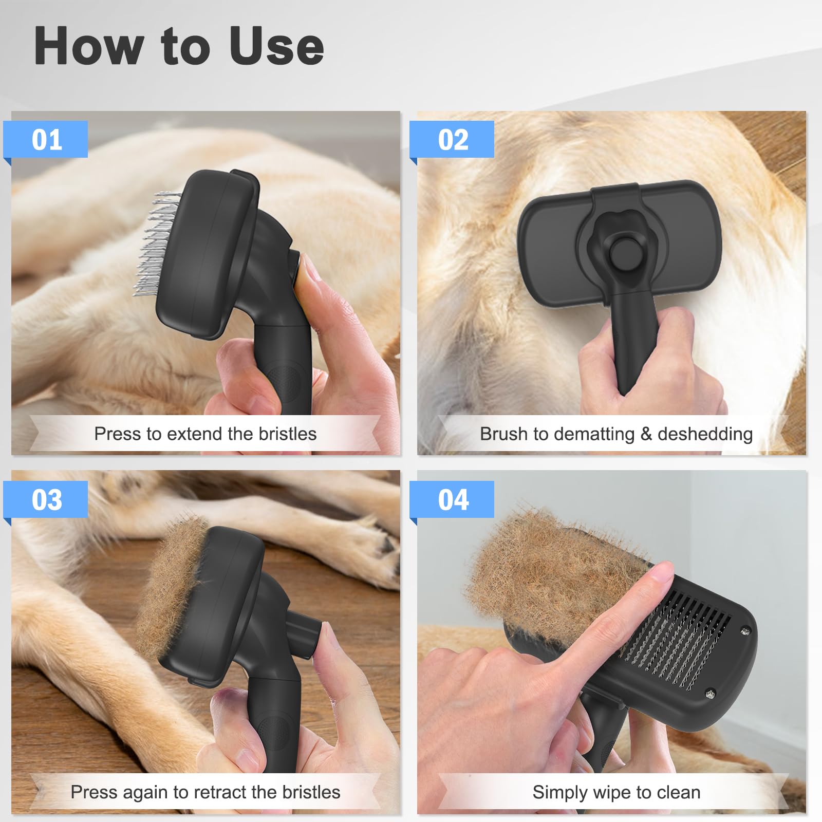 Dipoo Self Cleaning Shedding Brush - Skin Friendly Grooming Tool for Dogs, Cats, and Puppies, Deshedding and Hair Removal for Long and Short Haired Pets, Black