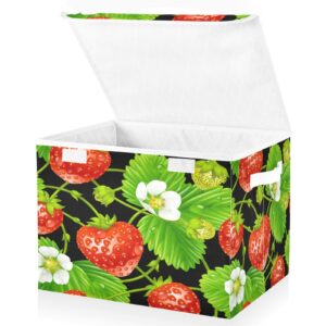 digtia storage bins with lids strawberry white flowers foldable storage boxes with handles fruits green leaves large storage basket collapsible organizer containers for closet home bedroom office