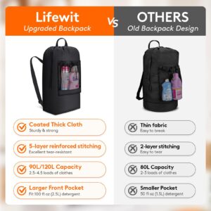 Lifewit 90L Laundry Bag, Extra Large Laundry Backpack with Shoulder Straps and Mesh Pocket for Laundromat, Heavy Duty Laundry Bag Backpack for Dirty Clothes for College Dorm/Travel/Apartment, Black