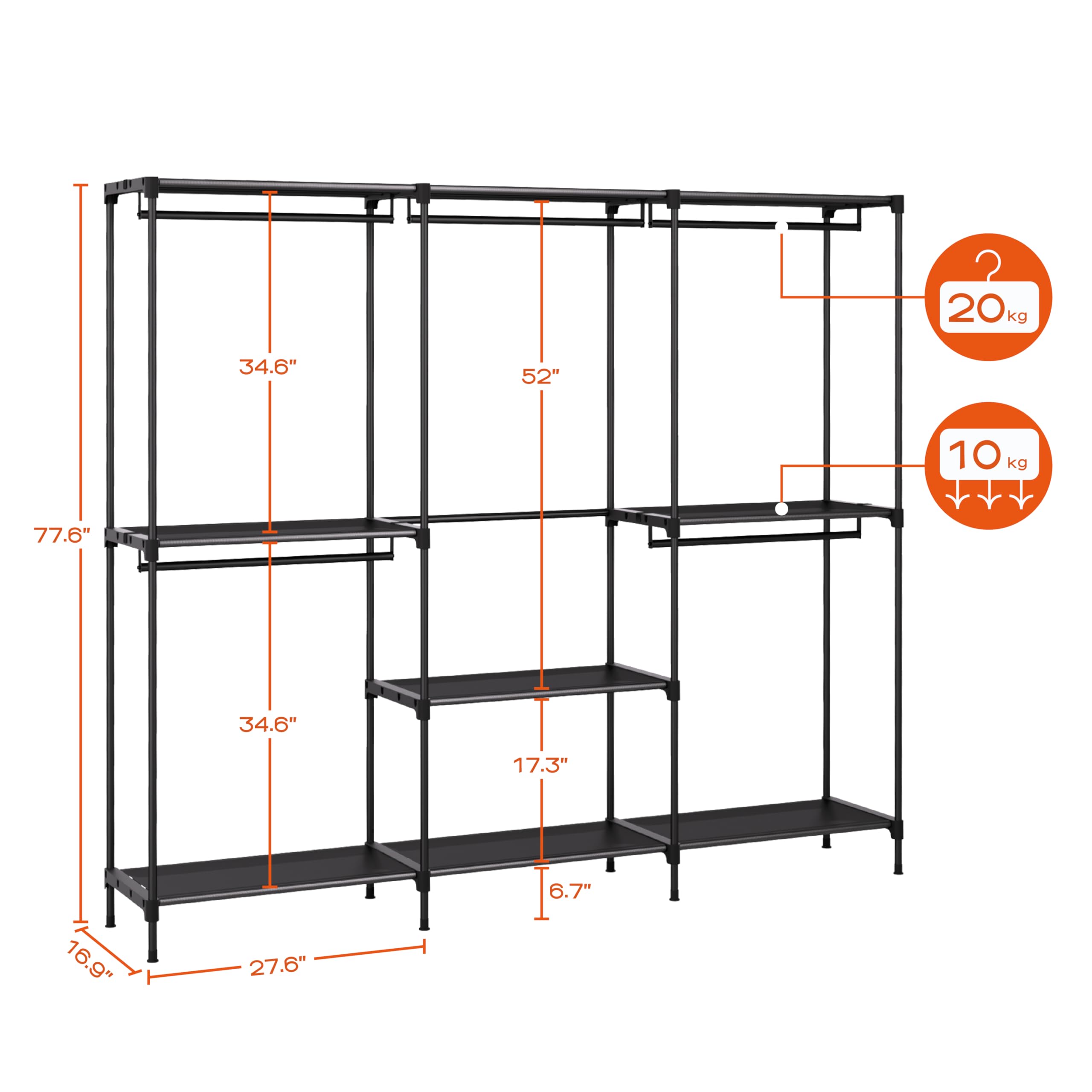 CASAMAYA Clothes Rack, Portable Closet, 80.7 Inch Extra Large Capacity Wardrobe Closet, Clothes Storage Organizer with Shelves and 5 Hanging Rods, Easy to Assembly, Black PCT036B01