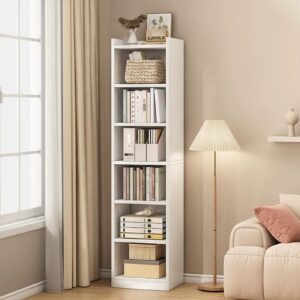 gizmosynth 71 inch tall narrow bookcase, floor standing storage cabinet, corner bookshelf with storage, 7 tier cube display shelf storage organizer for home office small space, white