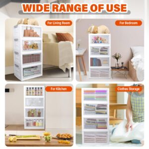 4 Tier Plastic Storage Bins, Folding Storage Organizer with Drawers, Clear Large Storage Containers with Lids and Magnetic Switch-15 * 11 * 31 inch Stackable Organizers for Home, Office, Bedroom