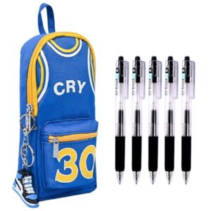 siortio pencil pouch basketball jersey-shaped large capacity fashionable minimalism + 6 gel pens & sneaker keychain (blue 30)