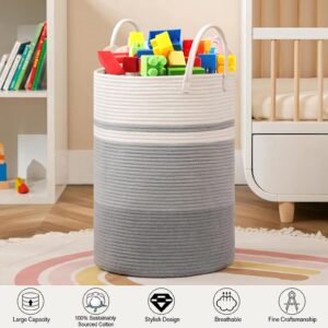 Laundry Basket,Woven Cotton Rope Laundry Hamper,58L Hamper for Kids for Blanket,Toys,Dirty Clothes in Living Room,Bathroom,Bedroom (Grey&White)