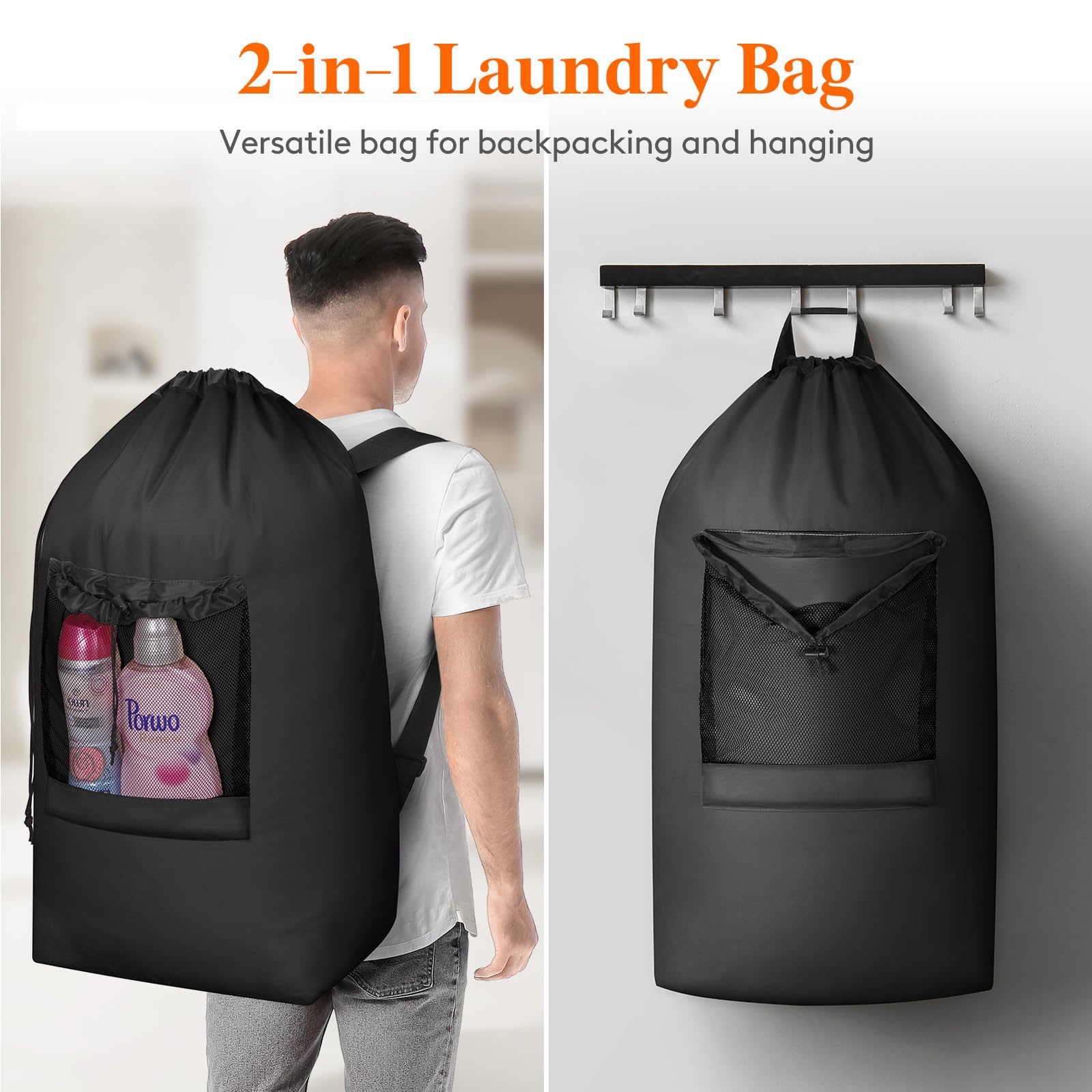 Lifewit 90L Laundry Bag, Extra Large Laundry Backpack with Shoulder Straps and Mesh Pocket for Laundromat, Heavy Duty Laundry Bag Backpack for Dirty Clothes for College Dorm/Travel/Apartment, Black