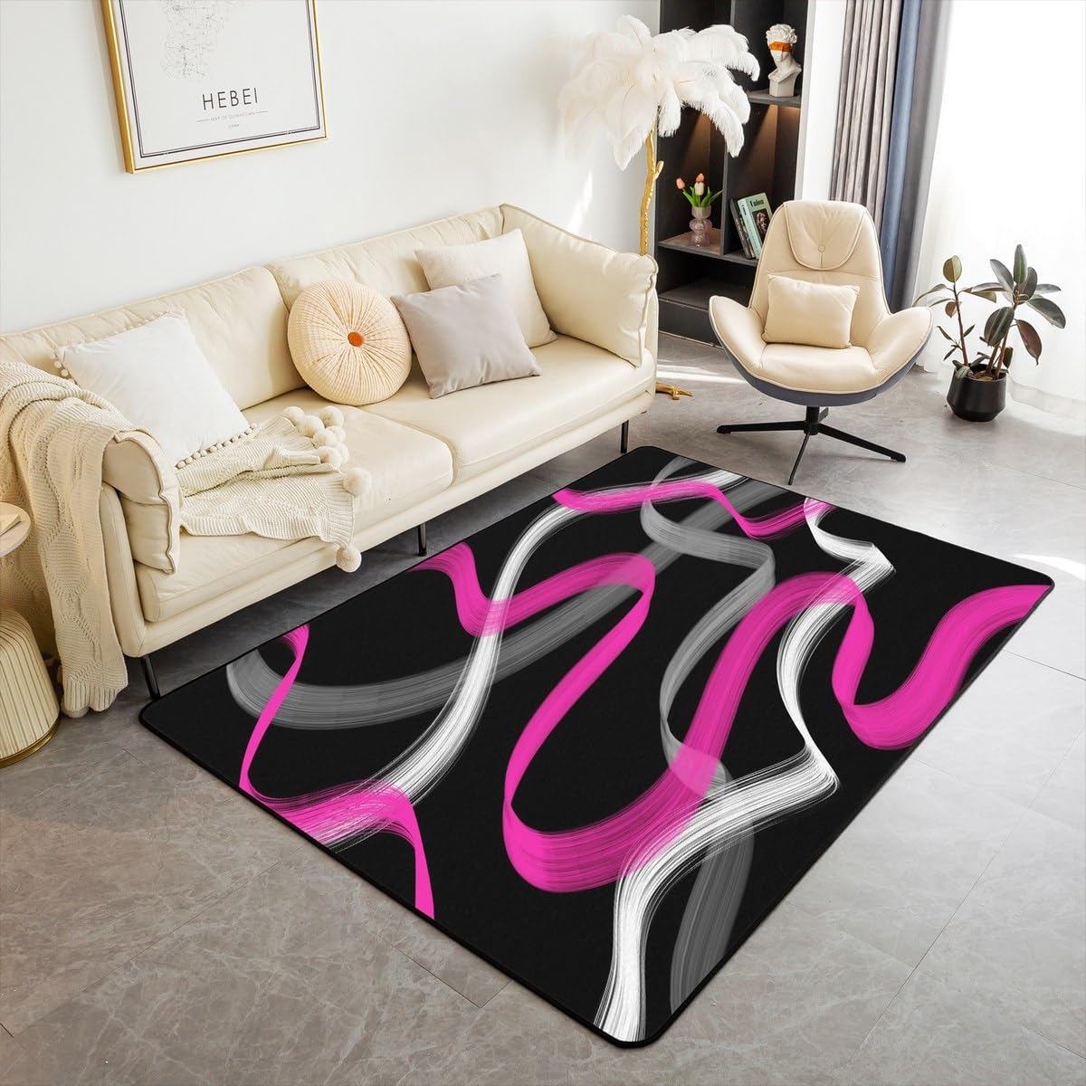 Feelyou Hot Pink Grey Black Living Room Rugs for Kids Boys Girls Stripes Accent Rug Area Rug 5x7 Geometric Indoor Floor Mat Decor Modern Striped Art Decorative Rug Abstract