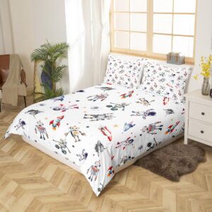 Kids Robot Duvet Cover Set Queen Size,UFO Spaceship Astronauts Bedding Set for Boys Girls Child Room Decor,Cute Aircraft Stars Print Comforter Cover Space Adventure White Quilt Cover,2 Pillowcases