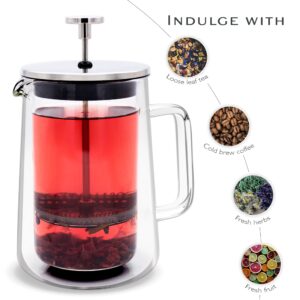 SIPNDULGENCE French Press Coffee Maker 20Oz Small Thickened Double Wall Borosilicate Glass BPA Free