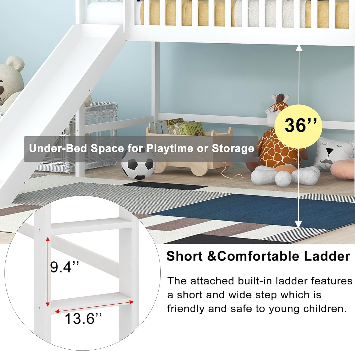 Bellemave Twin Size Low Loft Bed for Kids,Loft Bed with Slide and Ladder,Wood Kids Loft Bed Twin for Girls Boys(White)