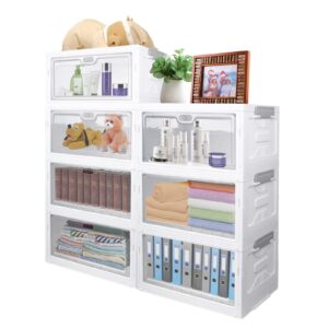 4 Tier Plastic Storage Bins, Folding Storage Organizer with Drawers, Clear Large Storage Containers with Lids and Magnetic Switch-15 * 11 * 31 inch Stackable Organizers for Home, Office, Bedroom