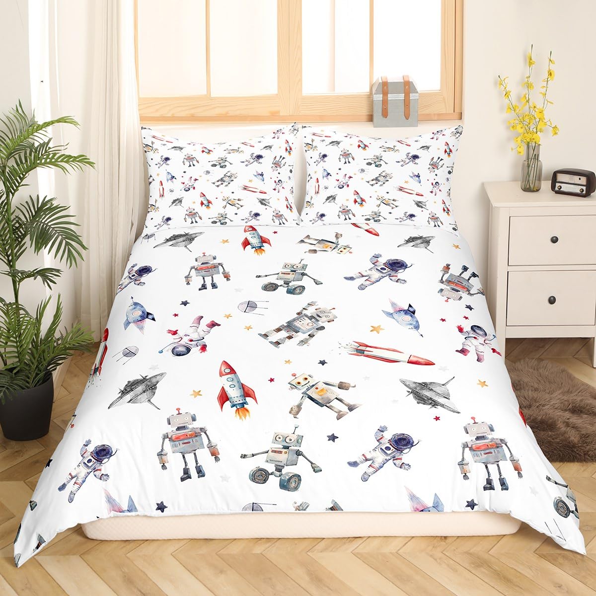 Kids Robot Duvet Cover Set Queen Size,UFO Spaceship Astronauts Bedding Set for Boys Girls Child Room Decor,Cute Aircraft Stars Print Comforter Cover Space Adventure White Quilt Cover,2 Pillowcases