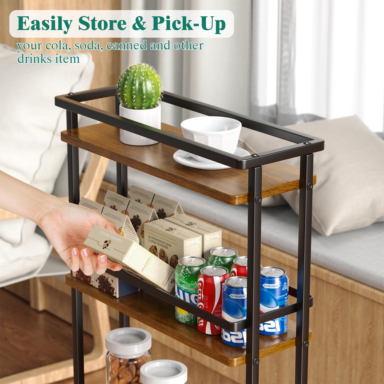 Giwil Slim Storage Cart 4 Tier Narrow Kitchen Rolling Cart on Wheels for Small Space, Mobile Spice Rack Seasoning Organizer Utility Serving Cart for Kitchen Bathroom Laundry, Brown