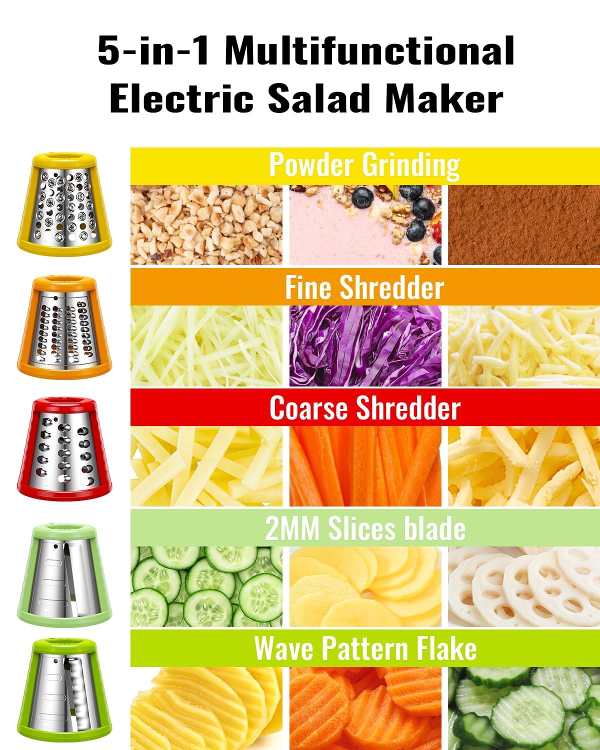 Electric Cheese Grater Salad Shooter,5-In-1 Electric Slicer For Home Kitchen,One-Touch Easy Control,With Safety Push Bar Cheese Grater Electric For Zucchini,Cheese,Vegetables And Smoothie