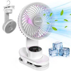 6" clip on fan, rechargeable battery operated fan, 9 speed powerful desktop fan with light, digital display, auto oscillation table fan with sturdy clamp & hooks for home office outdoor camping travel