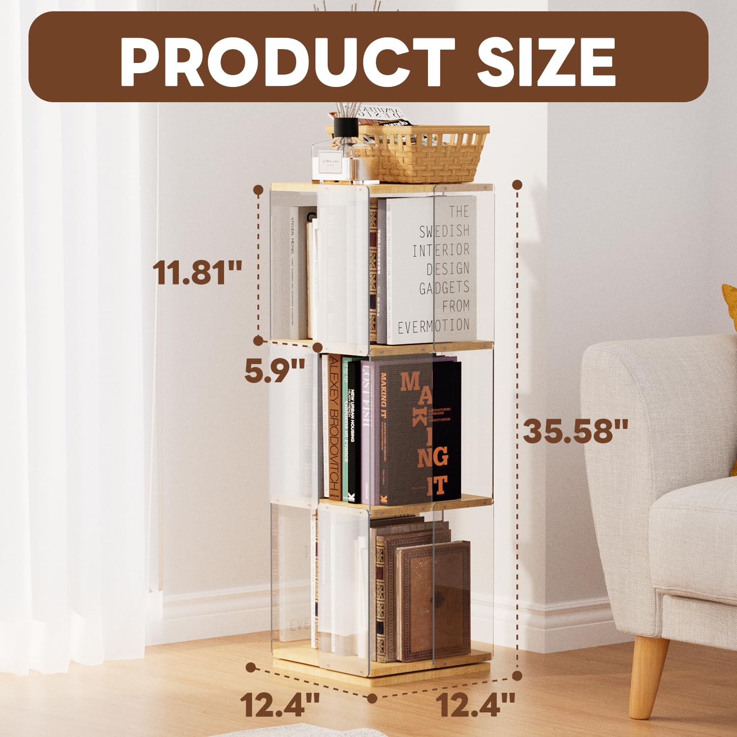 uyoyous Rotating Bookshelf 360 Degree Revolving Bookcase 3 Tier Spinning Bookshelf Display with Clear Acrylic Windows Floor Standing Bookcase Storage Rack for Playroom, Bedroom, Living Room