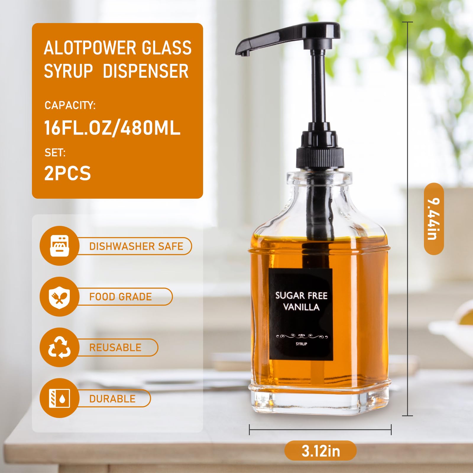 Alotpower Coffee Syrup Dispenser 16oz 2pack, Clear Syrup Dispenser with 1/4oz Capacity Pump,Syrup Dispenser for Coffee Bar-2 Glass Square Bottles with Plastic Pump and Syrup Labels