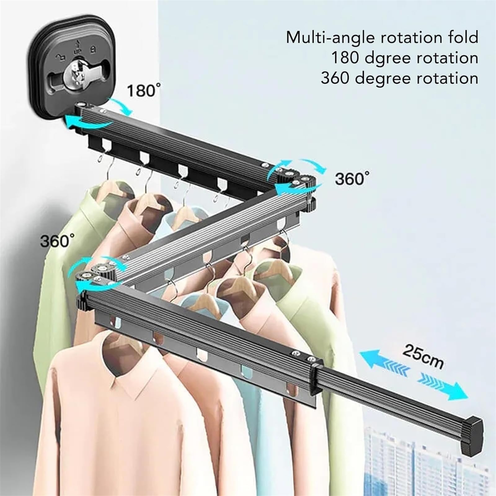 Tri Folding Clothing Rack Suction Cup, Clothes Drying Rack with Extended Arm, Suction Cup Wall Mount Folding Clothes Drying Rack, Suction Cup Drying Rack Clothing with Hooks (Black, 13.4inch)