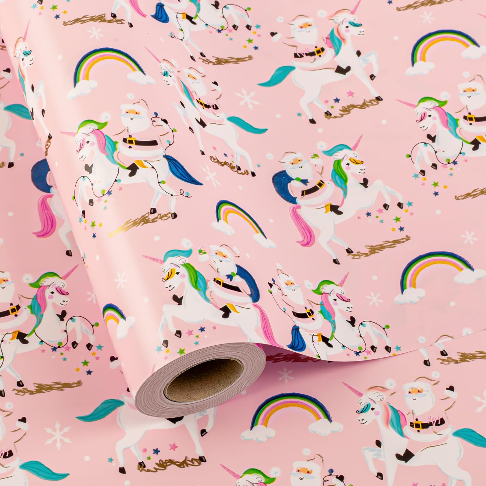 MAYPLUSS Christmas Wrapping Paper Roll - 17 Inch X 33 Feet - Fairytale Christmas Baby Pink Unicorn, Snow, Santa Claus, Rainbow Design Girl Holiday Winter Gift Wrap for Baby Shower, Party & Wedding