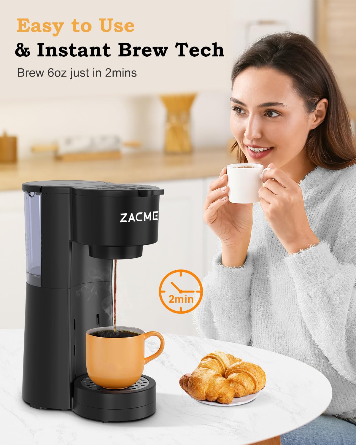 ZACME Single Serve Coffee Maker for K Cups&Ground Coffee with Milk Frother, 3 in 1 Small Single Cup Coffee Machine, 28oz Water Thank, 6 to 14 oz Brew Sizes