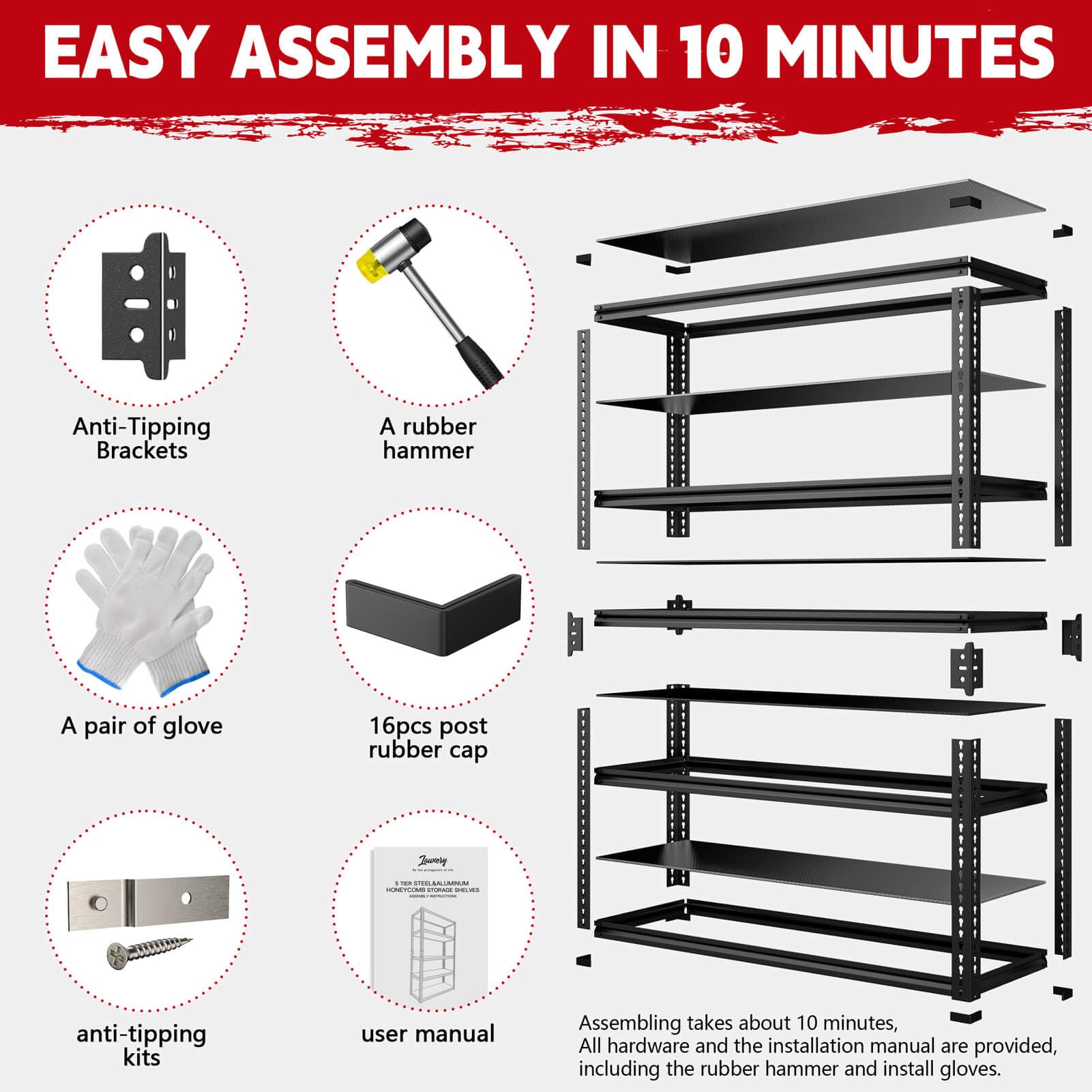 Lauxery 45.2" Wide Garage Shelving Heavy Duty Storage Rack 3000lbs Load Capacity, 5 Tier Adjustable Garage Storage Shelving Units, Boltless Metal Garage Shelf for Storage 72" H X 45.2" WX 18.8" D