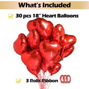 30 pcs Red Heart Balloons 18" a bunch of Heart Love Foil Helium Balloons, Helium Support Valentines Day Wedding Bridal Engagement Party Anniversary Mother's Day Decorations