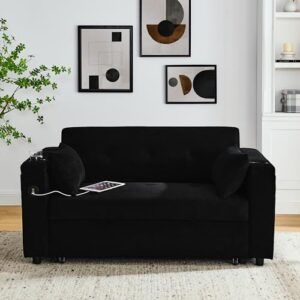 Convertible Pull Out Sleeper Sofa Bed Double Seat Recliner Futon Couch with Cupholders Armrests and Side Pockets, Adjustable Loveseat Chaise Lounge with USB Power Outlet and Lumbar Pillow for Office