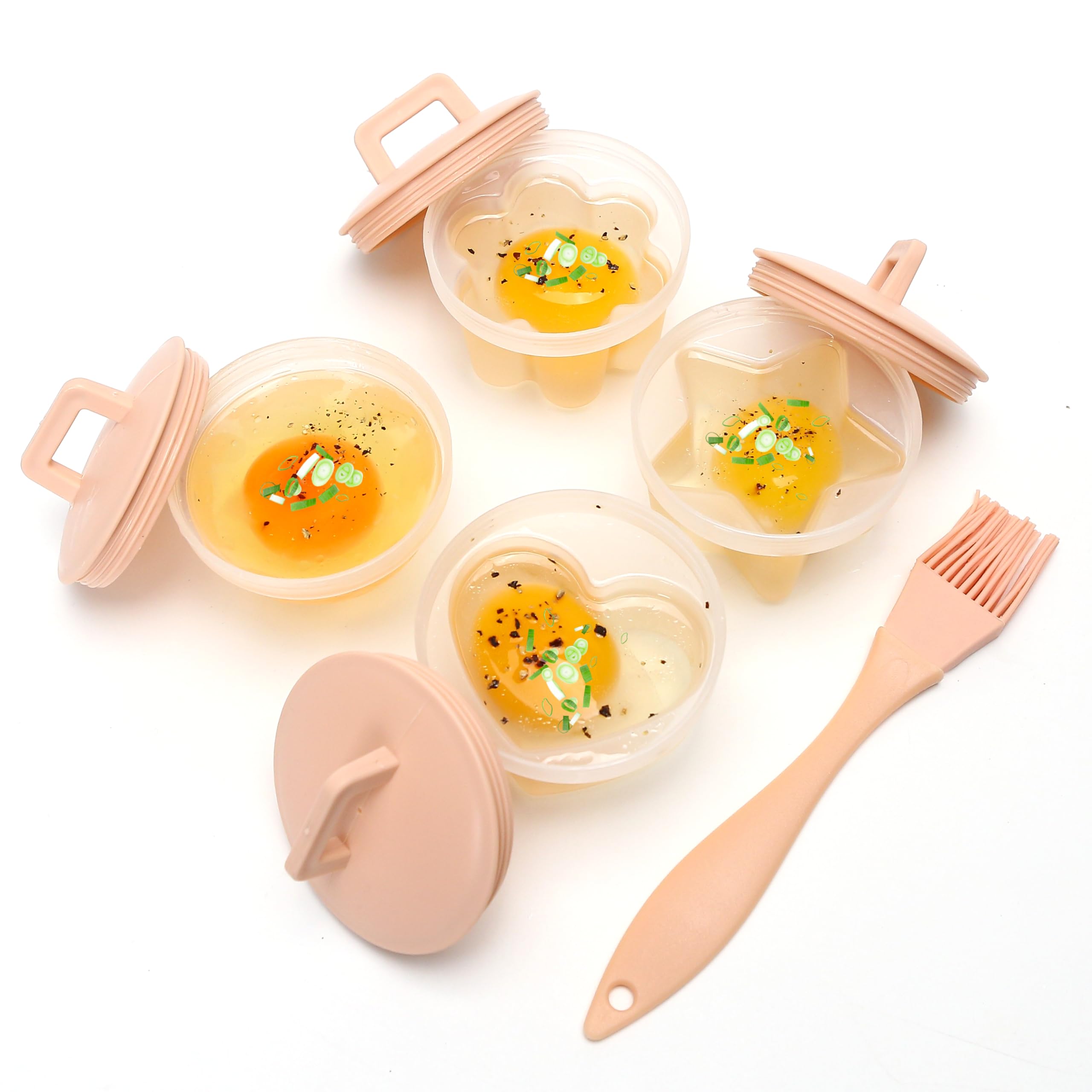 Cute Set of 4 Egg Cooking Pods Mold Boiled Pink Microwave and Stovetop Hard Boiled, Soft Boiled Holder Poacher Cups, Jello Cups with Lids, Square Shaper Fun Cookery Kitchen Gadgets (including oil brush)