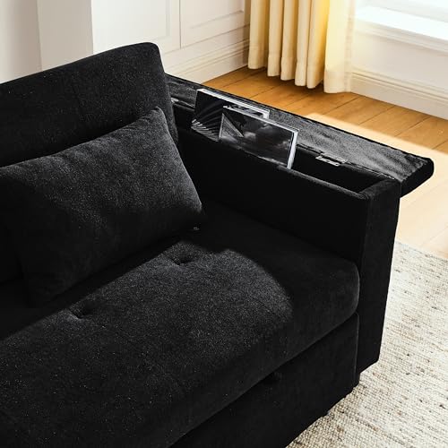 Convertible Pull Out Sleeper Sofa Bed Double Seat Recliner Futon Couch with Cupholders Armrests and Side Pockets, Adjustable Loveseat Chaise Lounge with USB Power Outlet and Lumbar Pillow for Office