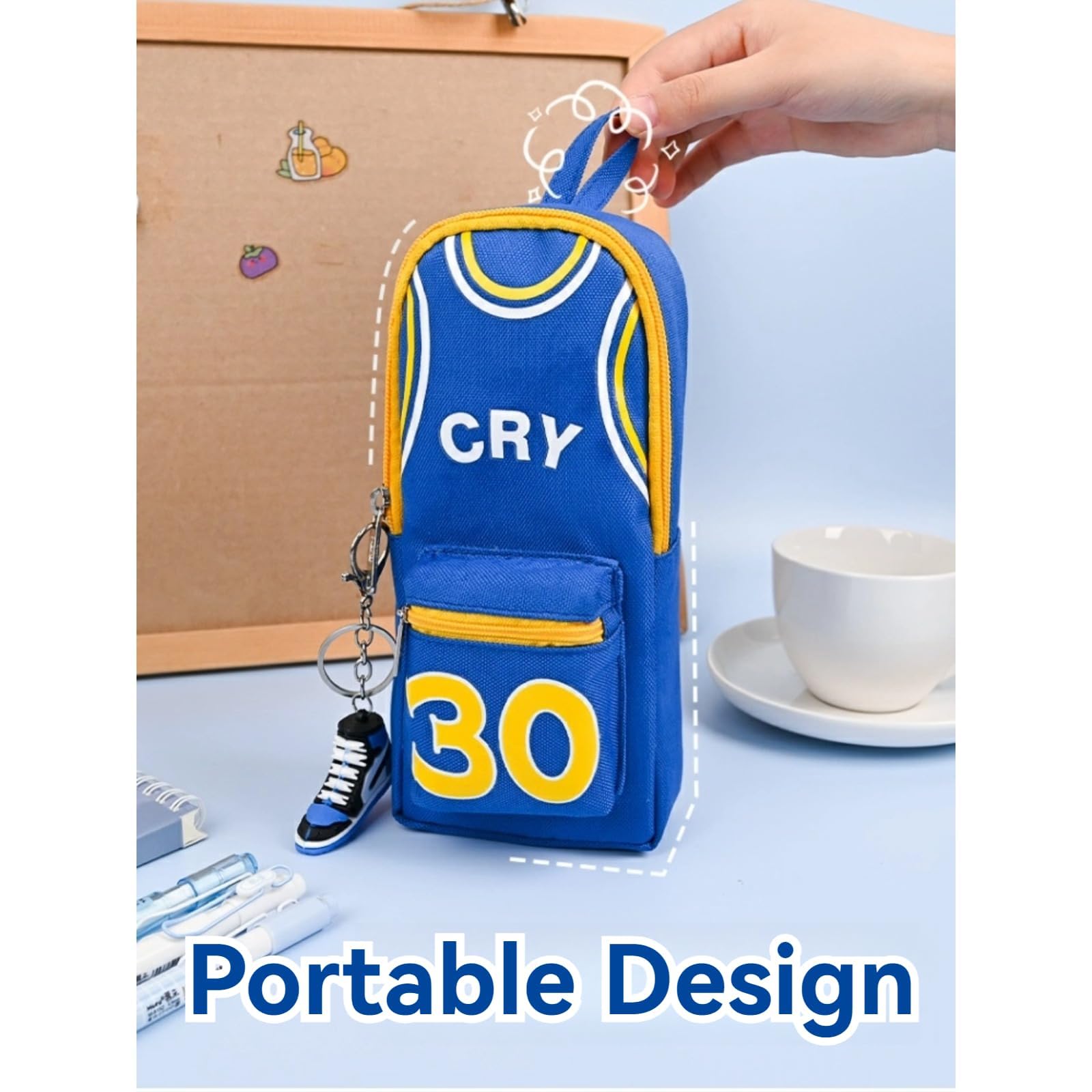 SIORTIO Pencil Pouch Basketball Jersey-Shaped Large Capacity Fashionable Minimalism + 6 Gel Pens & Sneaker Keychain (Blue 30)