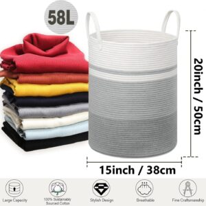 Laundry Basket,Woven Cotton Rope Laundry Hamper,58L Hamper for Kids for Blanket,Toys,Dirty Clothes in Living Room,Bathroom,Bedroom (Grey&White)