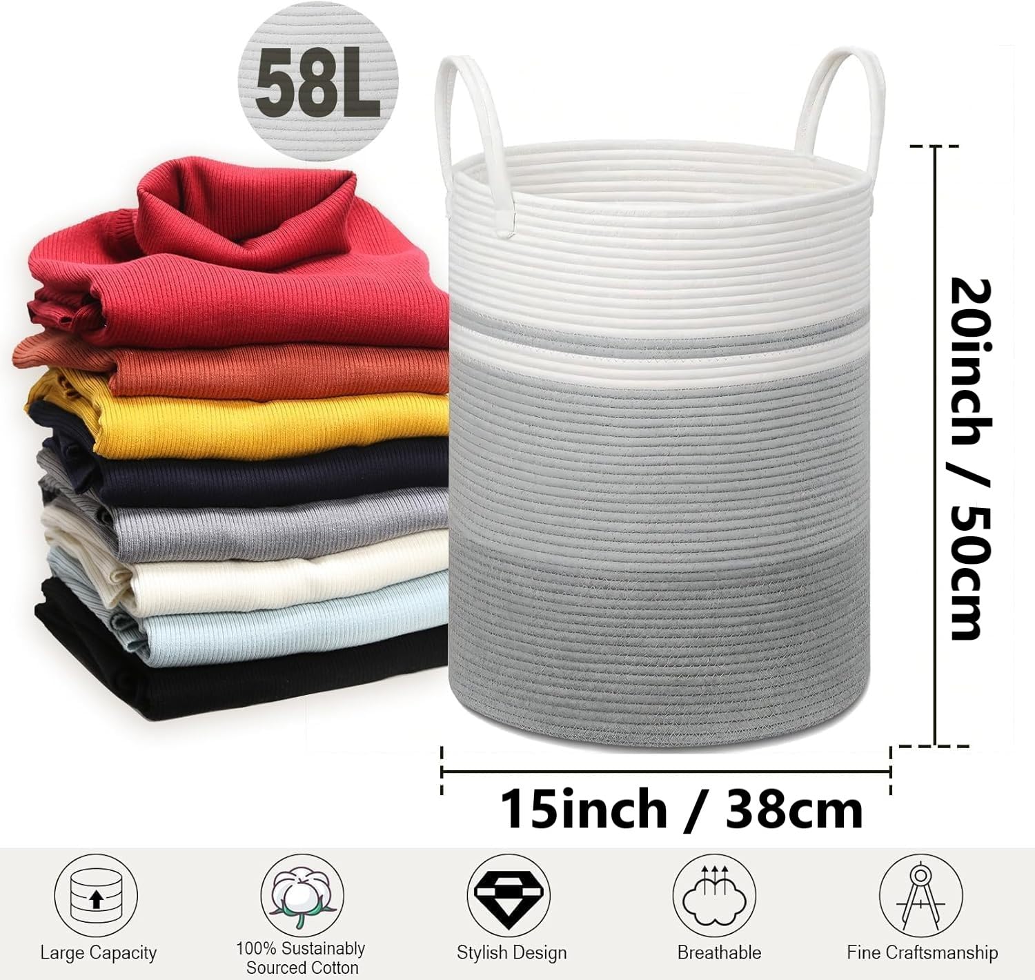 Laundry Basket,Woven Cotton Rope Laundry Hamper,58L Hamper for Kids for Blanket,Toys,Dirty Clothes in Living Room,Bathroom,Bedroom (Grey&White)