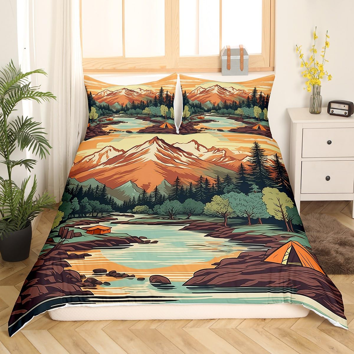 Mountain River Duvet Cover Set Queen Size,Retro Adventure Theme Comforter Cover 3Pcs,Nature Scenery Tent Bedding Set Kids Boys Girls Room Decor,Camping Bedspreads Cover,2 Pillowcases(NO Comforter)