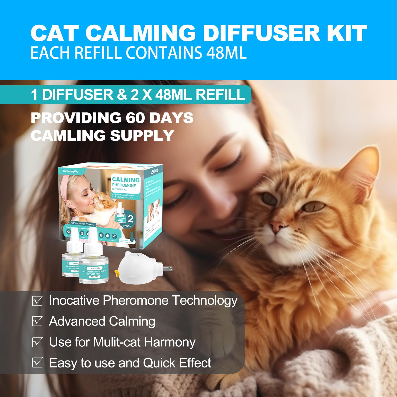 TachengMc Cat Calming Diffuser, Cat Pheromones Calming Diffuser with 1 Diffuser + 2 Refills 48ml, Cat Anxiety Relief Cat Pheromone Diffuser Kit 60 Days, Pheromone Diffuser to Calm Cats