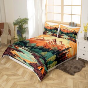 Mountain River Duvet Cover Set Queen Size,Retro Adventure Theme Comforter Cover 3Pcs,Nature Scenery Tent Bedding Set Kids Boys Girls Room Decor,Camping Bedspreads Cover,2 Pillowcases(NO Comforter)