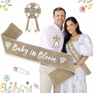 neutral mom to be sash baby shower decorations,burlap baby in bloom dad to be corsage wildflower party decorations for pregnant mommy dress