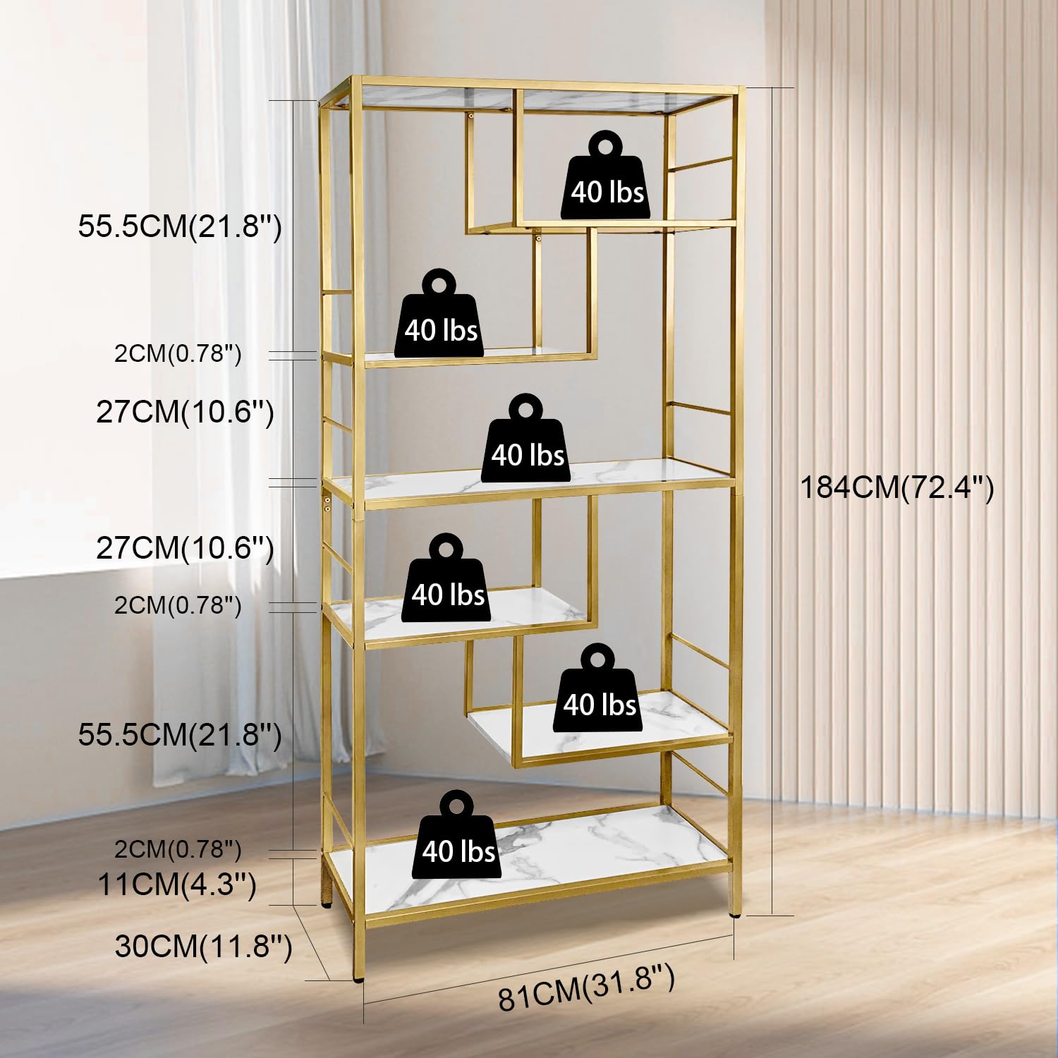 AT-VALY 6 Tier Bookcase Bookshelf, 72.4”Tall Modern Freestanding Bookshelf with 6 Shelves, Faux Marble Open Display Storage Book Shelves for Living Room Bedroom Home Office (Gold)