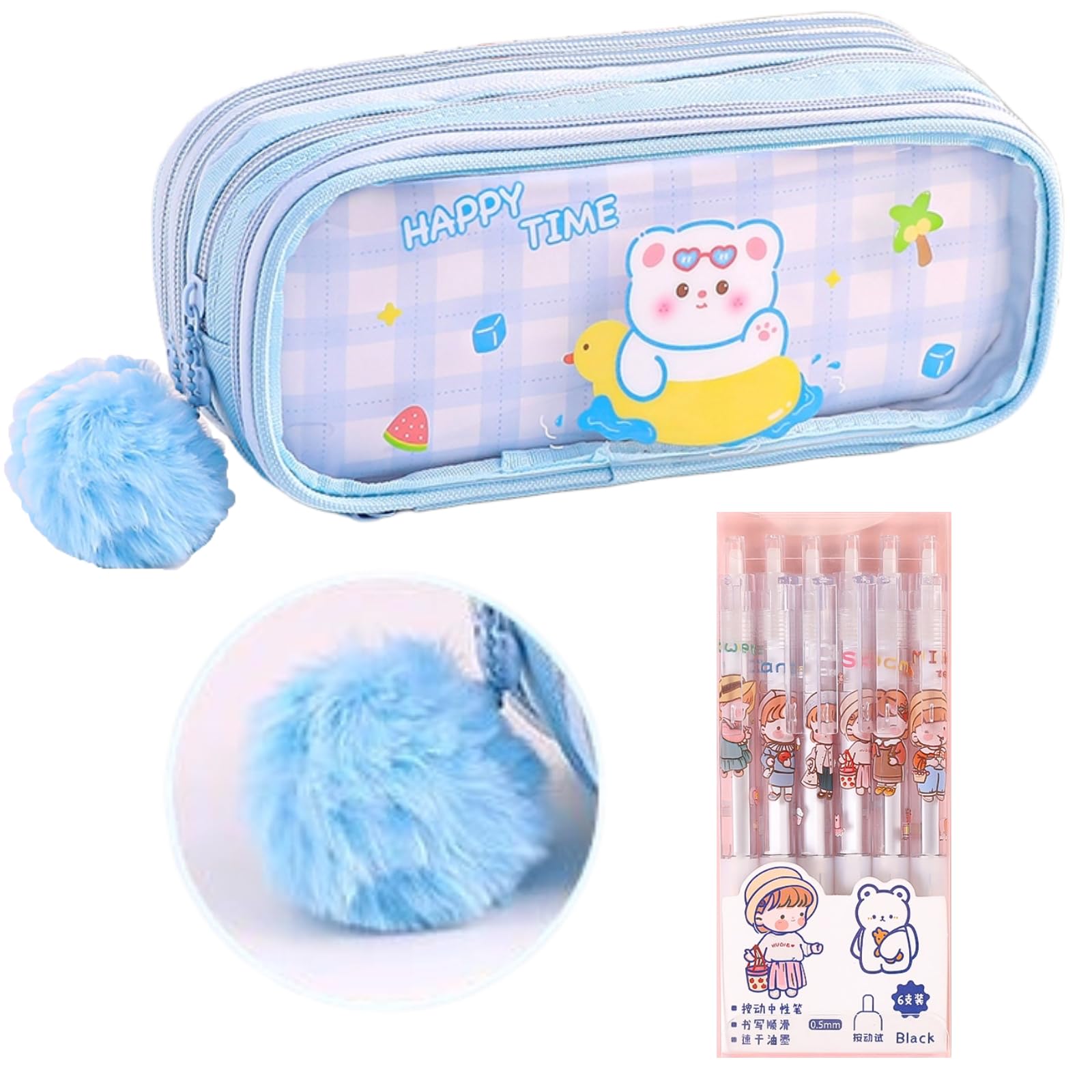 SIORTIO Pencil Pouch Clear 3-Tier Large Capacity Cute Print Animal Easy Clean + 6 Pens & Plush Keychain (Blue)