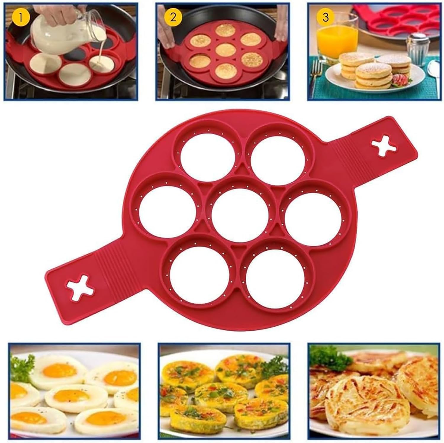 Flip N Cook Silicone Pancake Mold - Reusable, Perfect Egg Rings for Frying Eggs, English Muffin Ring, Pancake Maker 2Pcs