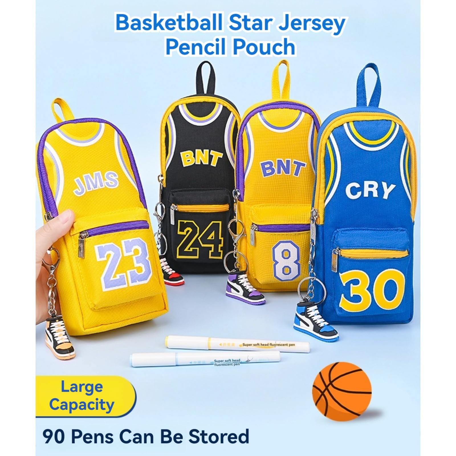 SIORTIO Pencil Pouch Basketball Jersey-Shaped Large Capacity Fashionable Minimalism + 6 Gel Pens & Sneaker Keychain (Blue 30)