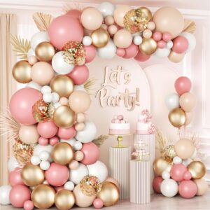 dusty pink blush balloon arch kit, retro pink nude matte white metallic gold balloons and gold confetti balloons for boho engagement wedding bridal shower birthday baby shower decorations…