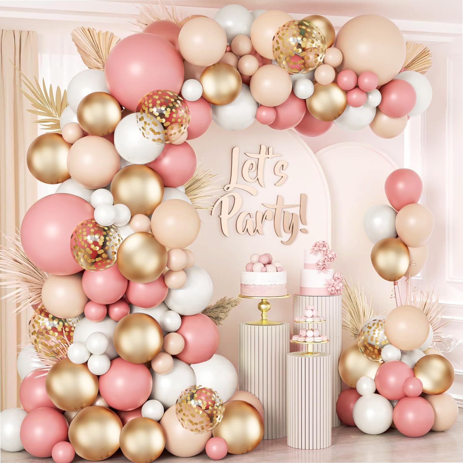 Dusty Pink Blush Balloon Arch Kit, Retro Pink Nude Matte White Metallic Gold Balloons and Gold Confetti Balloons for Boho Engagement Wedding Bridal Shower Birthday Baby Shower Decorations…