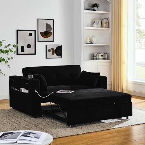 Convertible Pull Out Sleeper Sofa Bed Double Seat Recliner Futon Couch with Cupholders Armrests and Side Pockets, Adjustable Loveseat Chaise Lounge with USB Power Outlet and Lumbar Pillow for Office