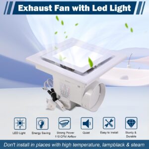 FEITON Square Bathroom Exhaust Fan with LED Light, 110 CFM 30W 4 Inch Duct, 110-220V 1.0 Sones Quiet Bathroom Ventilation Fan Light Combo Ceiling Mount