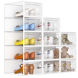 kuject large crystal clear shoe storage box, stackable shoe organizer for closet, space saving sneaker shoe container bins, foldable display shoe rack holder for entryway, 12 pack