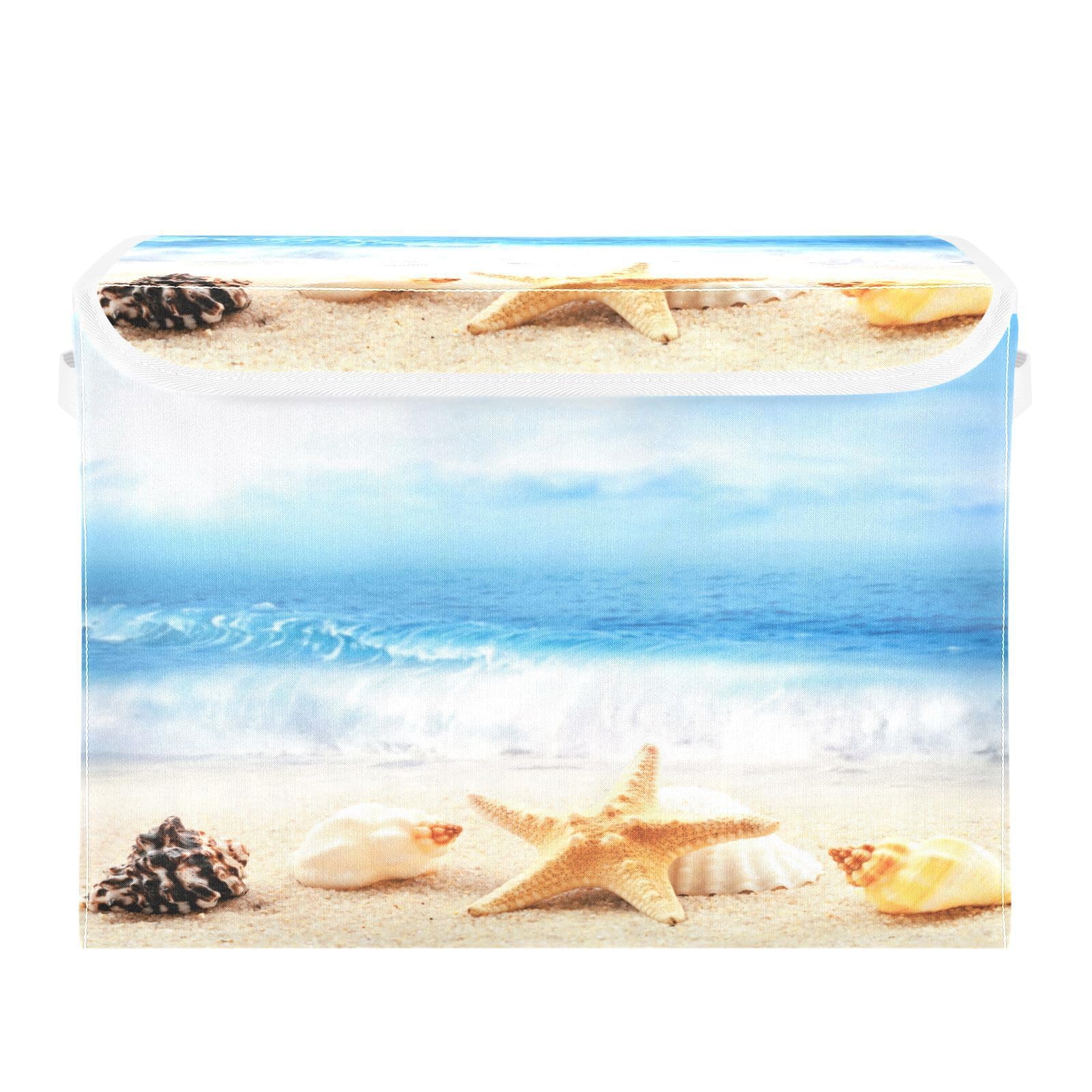 DIGTIA Storage Bins with Lids Beach Theme Seashell Foldable Storage Boxes with Handles Starfish Ocean Wave Large Storage Basket Collapsible Organizer Containers for Closet Home Bedroom Office